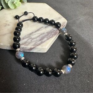 Labradorite and Black Tourmaline Beaded Adjustable Bracelet